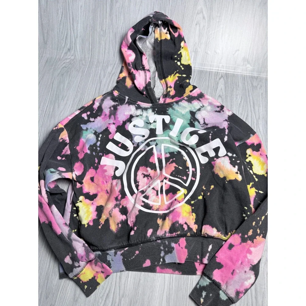 Justice Girls Peace Sign Tie Dye Cropped Hoodie Sweatshirt Multi Color